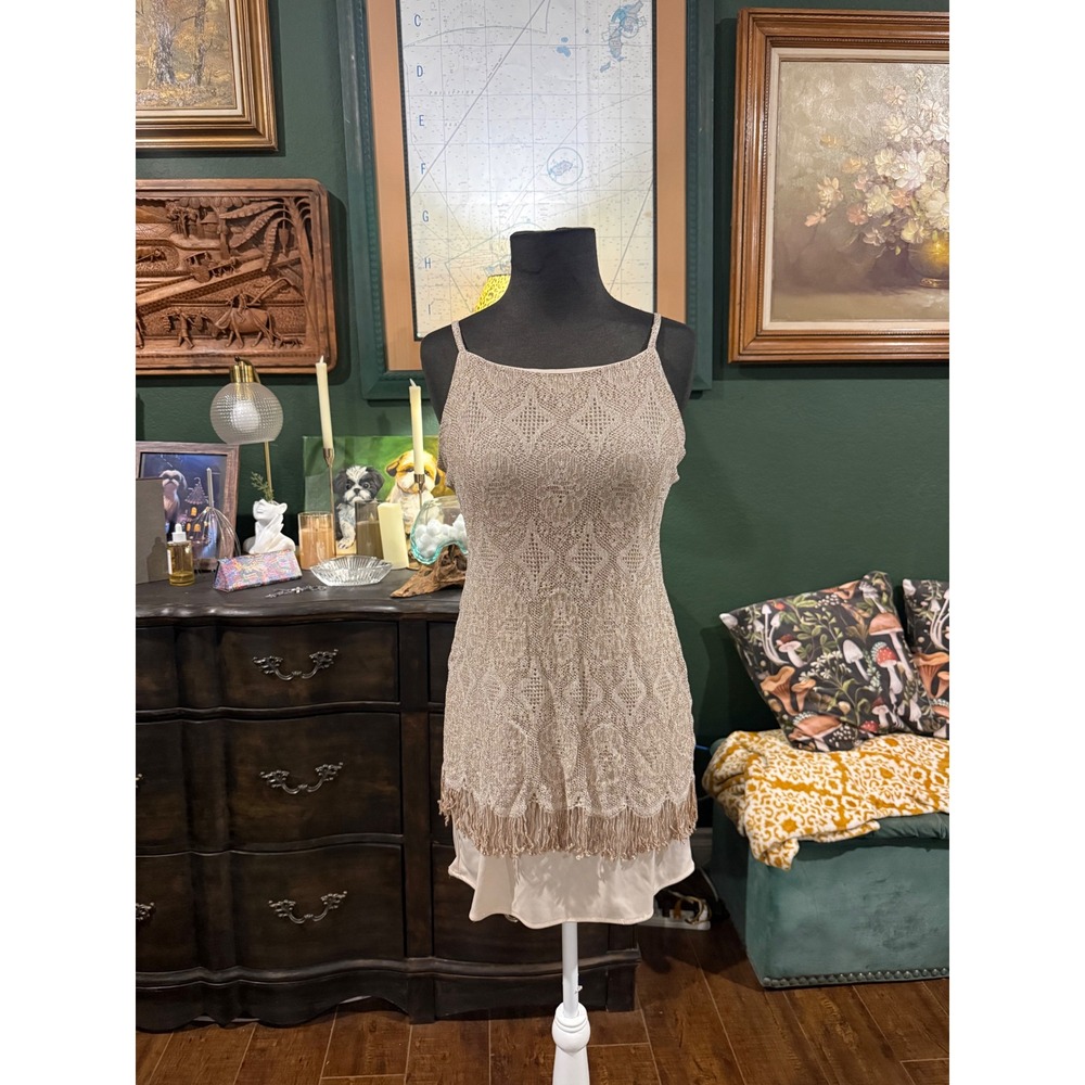 Roberta Vintage‎ Gold Metallic Crochet Fringe Mini Dress 90s Lurex Size 11/12
